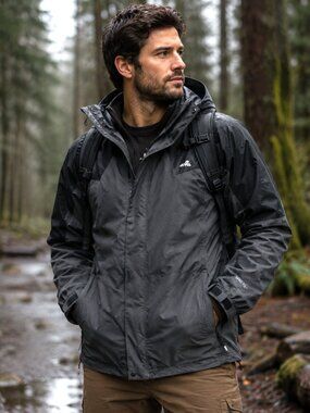 EMS GoreTex Rain Jacket Mens Large Waterproof Hooded Hiking Shell Black Gray